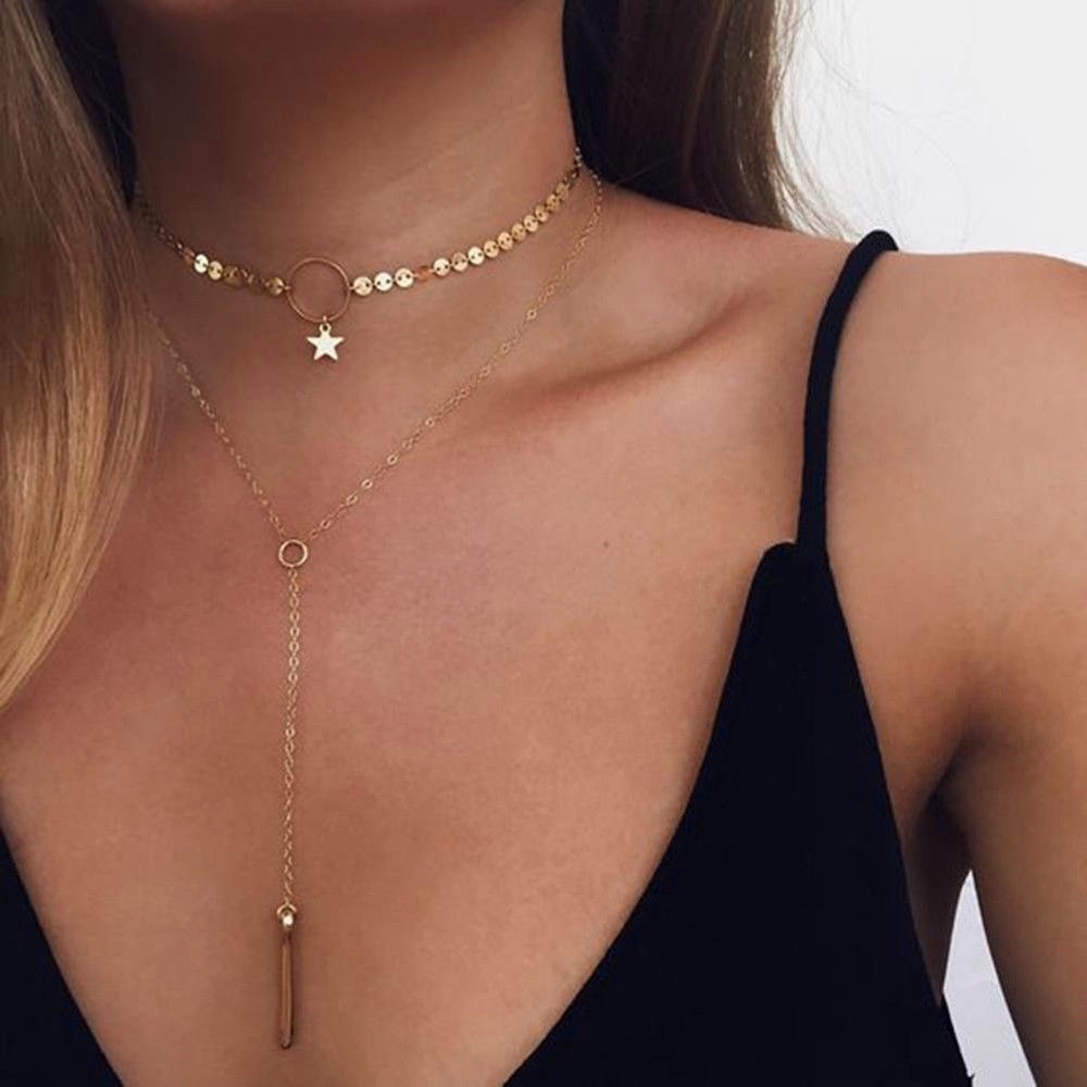 🆕 Double Layer Circle Star Bar Tassel Necklace